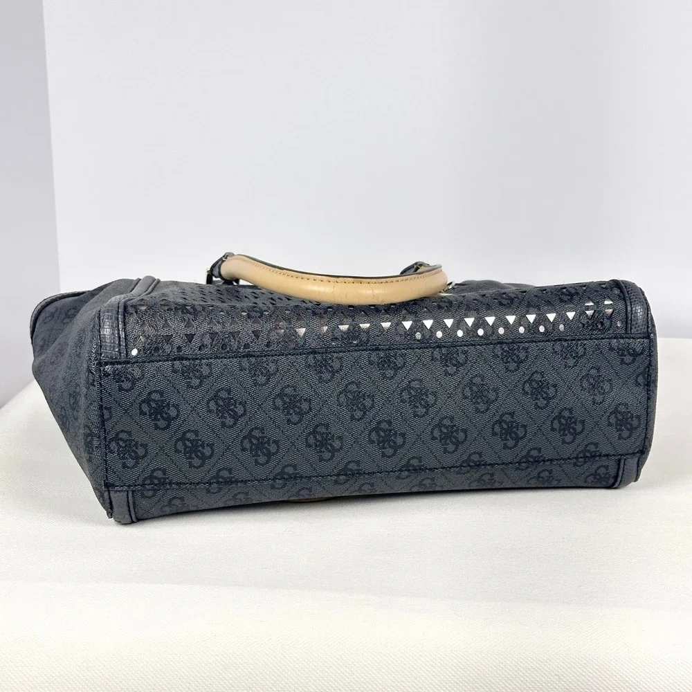 Guess Charcoal Blue Monogram Satchel Laser Cut Purse Leopard Lining Hand Bag